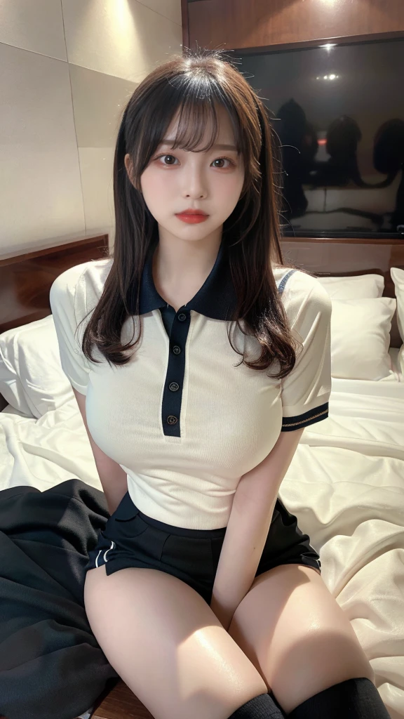 muste piece, best quality, illustration, Super detailed, fine details, High resolution, 8K,wall paper, perfect dynamic composition,(Details High quality, realistic depiction of eyes:1.3), (Polo shirt with collar), pleated skirt, knee high socks, ponytail, Lying down, black hair color, Big Natural Color Lip, bold sexy pose, (perfect body shape), crying a little、cold gaze, Harajuku style、20 year old girl、cute type、lolita、beautiful legs, hotel room, hposing Gravure Idol, Voluptuous thighs