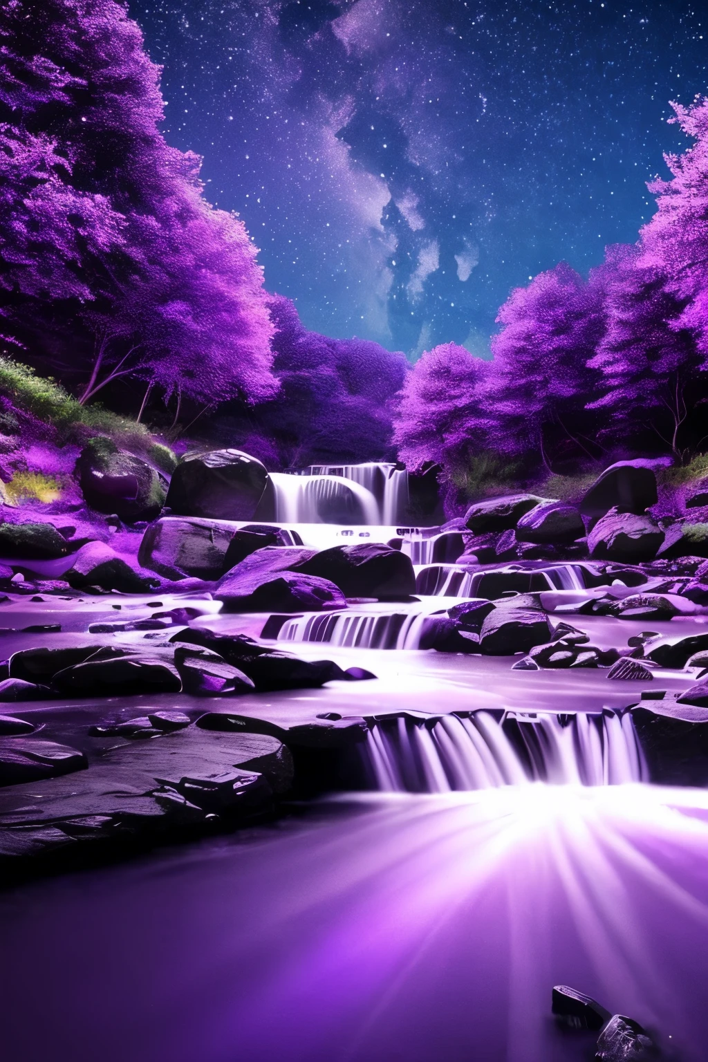 a purple moon over a stream of water with stars, digital art by Ju Lian, tumblr, digital art, glowing purple, purple glow, purple water, nebula waterfalls, purple magic, galactic waterfalls, cosmic purple space!, purple colors, soft purple glow, purple bioluminescence, purple aura, the walls purple and pulsing, purple light, purple sparkles