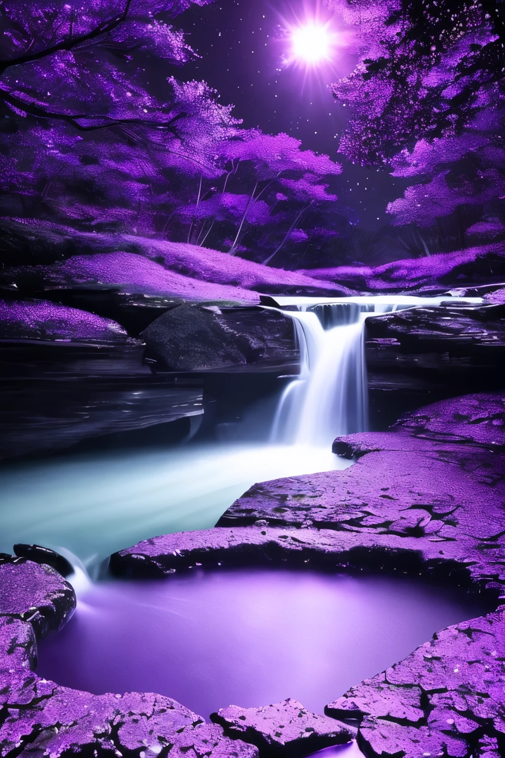 a purple moon over a stream of water with stars, digital art by Ju Lian, tumblr, digital art, glowing purple, purple glow, purple water, nebula waterfalls, purple magic, galactic waterfalls, cosmic purple space!, purple colors, soft purple glow, purple bioluminescence, purple aura, the walls purple and pulsing, purple light, purple sparkles