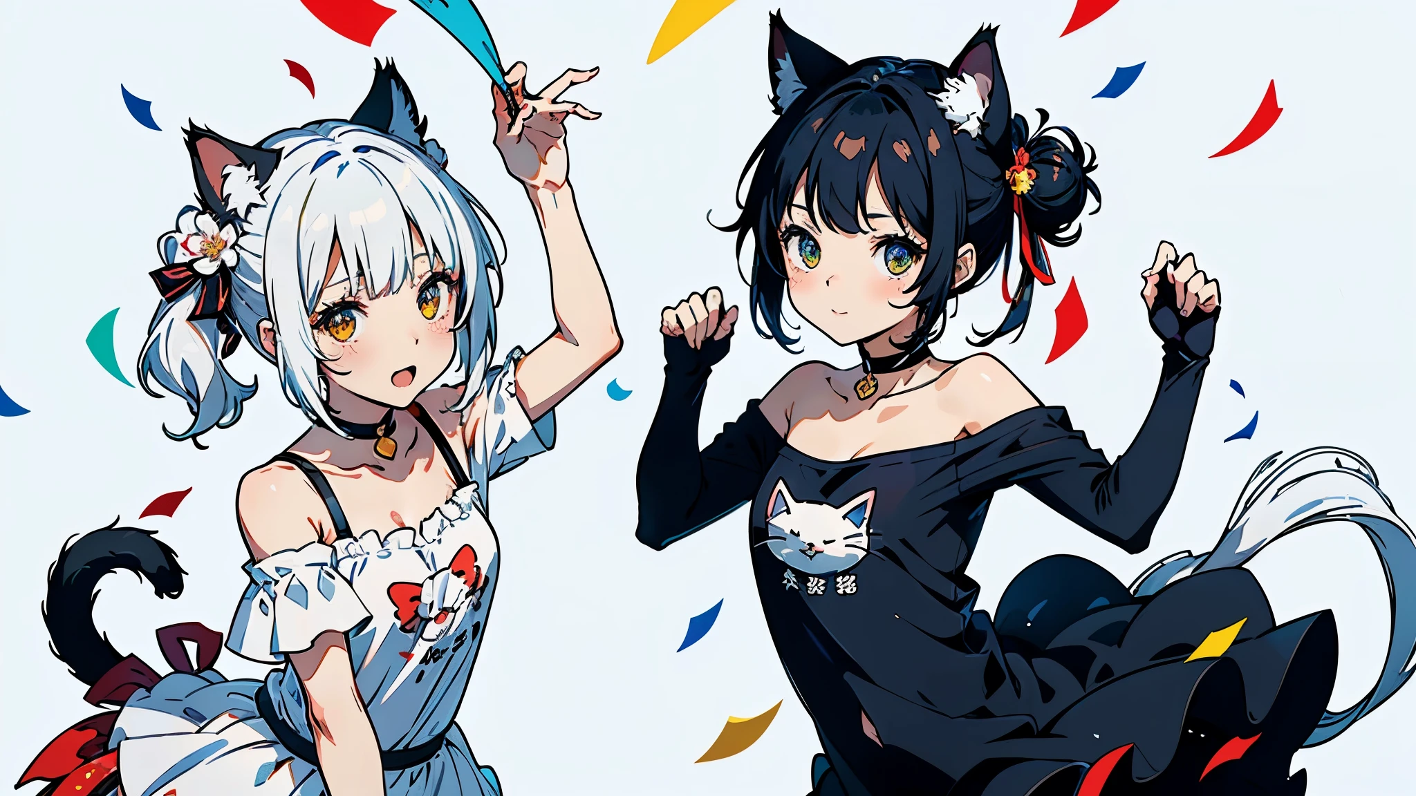 (highest quality, masterpiece, High resolution)、(anime art)、cinematic light、soft light、(two girls)、black hair、Black cat costume、White Cat Costume、Tabby cat costume、Striped cat costume、Persian Cat Costume、3-color cat costume、(loose t-shirt)、loose shirt、off shoulder、sexy mini dress、(Cat ear)、bob cut、semi-long、bun hair、hair ornaments、choker、Cute face details、enchanting smile、small breasts、whole body、(cat pose)、((sexy gesture))、beckoning、playing、dance、Cat jarashi、((confetti、ribbon、petal、candy、is dancing in the air、Crackers popping、))、((white background))、