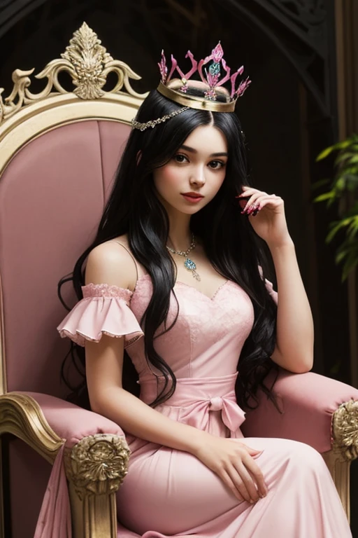 A pretty pale thin girl with long black hair sitting in a pink glass throne with a pink glass crown on her head