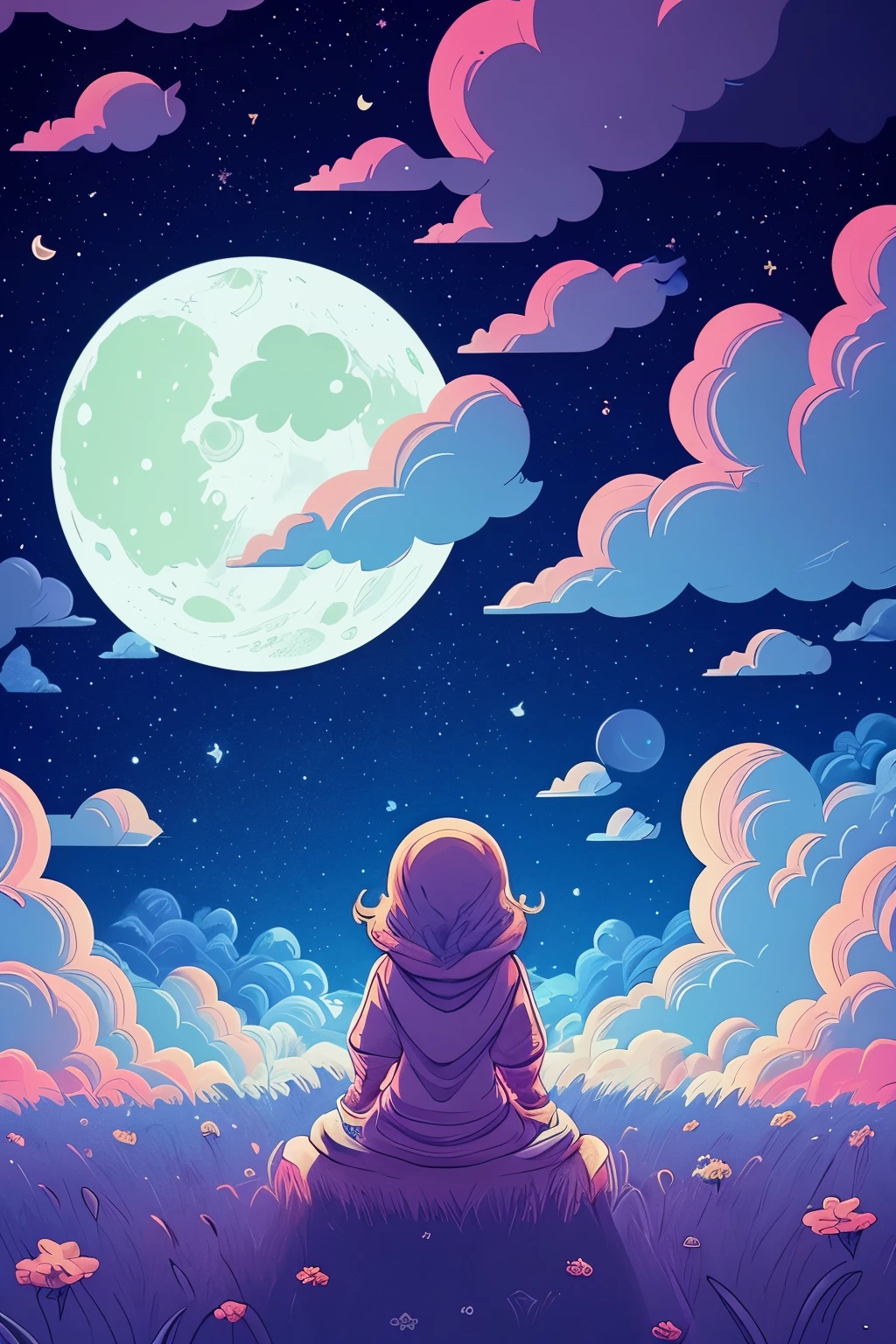 a green moon and clouds with stars in the sky, jen bartel, calm night. digital illustration, # pixelart, #pixelart, detailed dreamscape, beautiful glitch art dream, ✨🕌🌙, ☁🌪🌙👩🏾, space clouds, dreamy illustration, by Justin Sweet, dreamy night, by Justin Gerard, beeple daily art, by Liam Wong