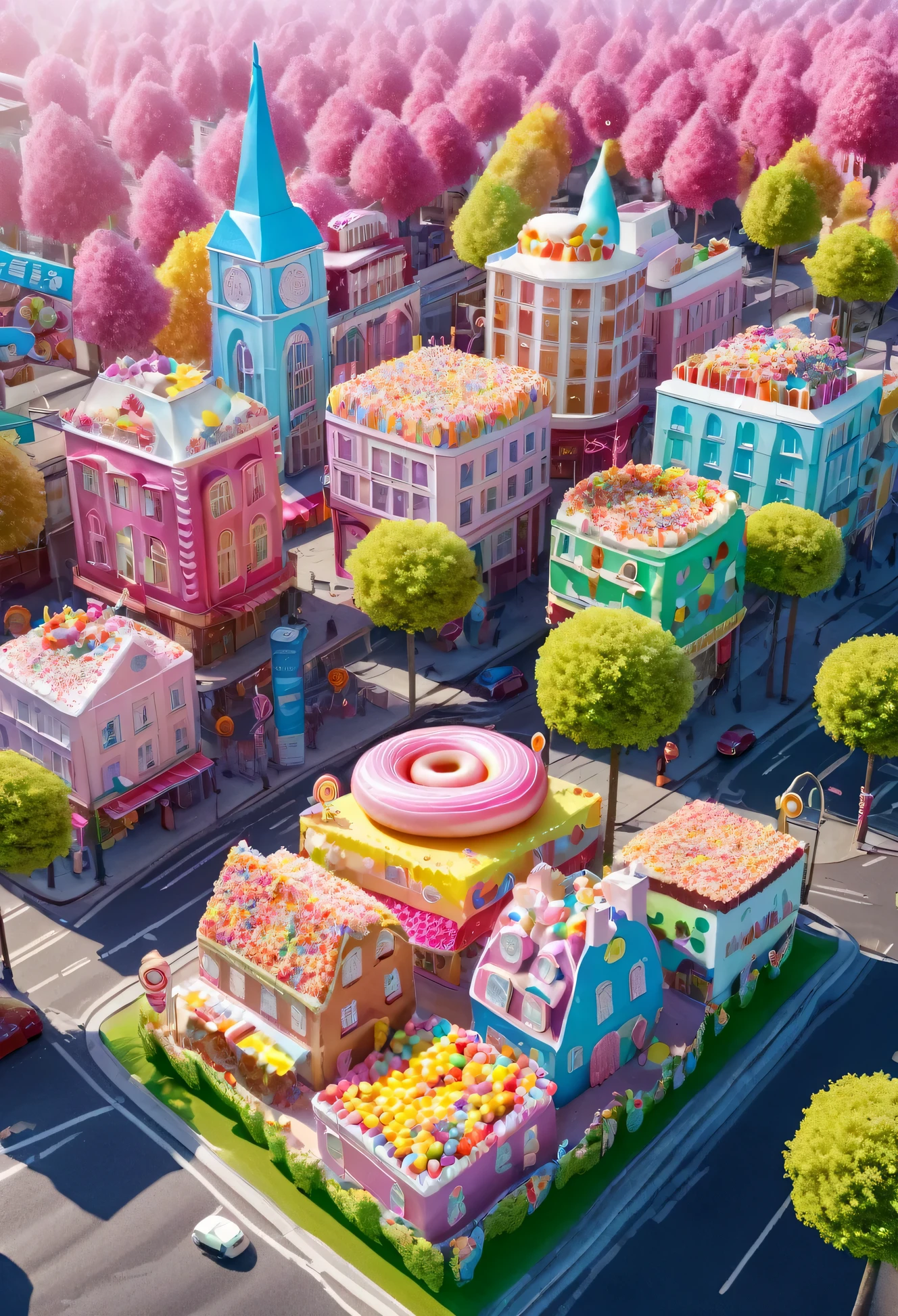 general shot: 1.5, ((city of sweet cake and candy buildings: 1.7)), (( candies, tree-shaped lollipops, donut-shaped sun, beautiful candy colors: 1.6)), ultra-realistic, photorealistic CG K : 1.4, skin texture: 1.4, masterpiece: 1.4, ((hyper detailed, epic, beautiful, creative and imaginative image: 1.6)), 8k.