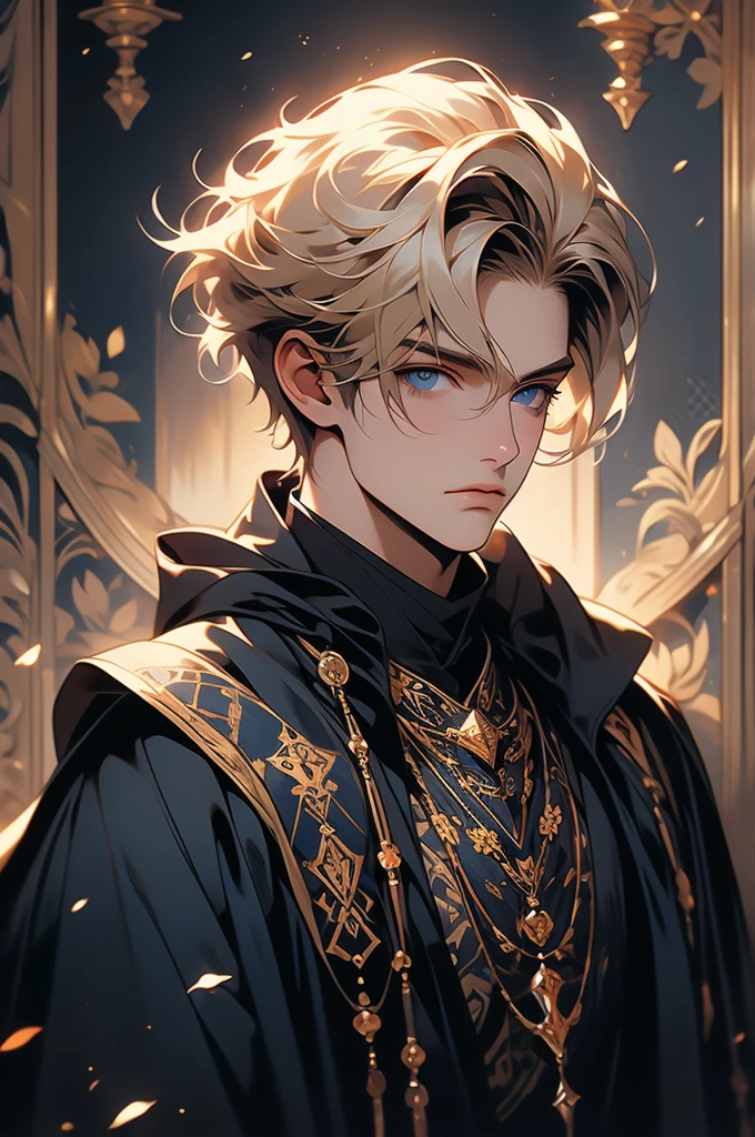 medieval noble, male, short hair, blonde, blue eyes, distanced eyes, blank expression, intricate black clothing, golden jewelry, black cloak