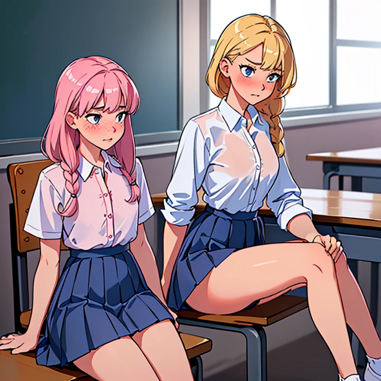 ((best quality)), ((Masterpiece)), (details), perfect face, classroom, slender 14yo teen girl, (((sit))), (((Let&#39;s go together., Bend your knees))), ((((Plain white button-down shirt)))), (((Dark blue pleated skirt))), (((Plain pink panties))), (((The highest point under the skirt.))), (((skinny thighs))), (((Thin waist))), ((Surprise.:1.4)), ((blushing:1.3)), blonde hair, braid