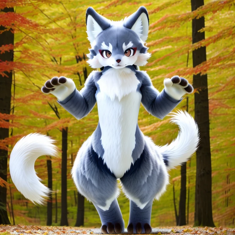 original photo, ultra high definition, digital SLR, high quality, actual, Real shot, fantasy art, lens flare, whole body, view viewer, animal focus, hairy, fur set, 1 girl, charming的, kawaii, charming, fur, fur头, Yao Liu, wolf type,wolf ears, paws with claws, Claw shoes , stand up,Deep red body,whole body深红色皮肤,Red hair,gray eyes,With black bow,white belly,The tip of the tail is white,Figure standing,a tail