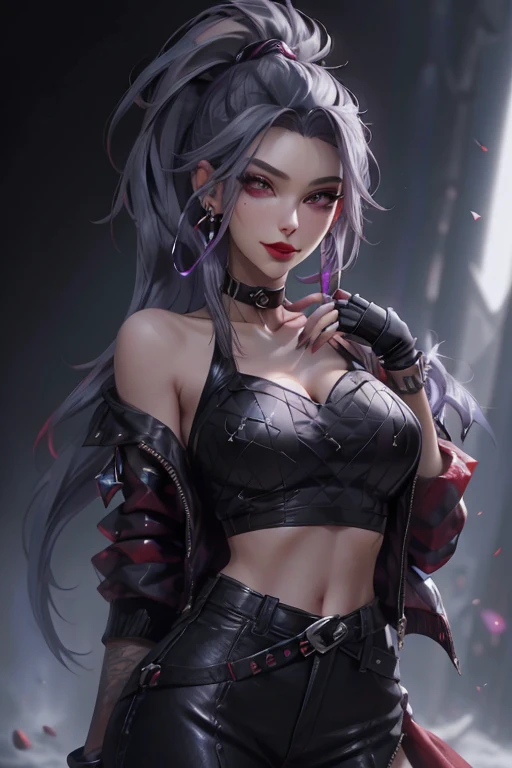 1 girl,read pigeon, smooth, black gloves, black choker, collarbone, earring, finger to mouth, fingerless gloves, gray hair, Index finger raised, jacket, decorations, red lips, lipstick, long hair, look at viewer, put on makeup, nail polish, Chapped lips, ponytail, Portrait, smile, purple eyes, purple nails, shut your mouth, alone,[[realistic]],(Shiny skin),(Masterpiece:1.4),(best quality:1.4),gigantic bust,red lips