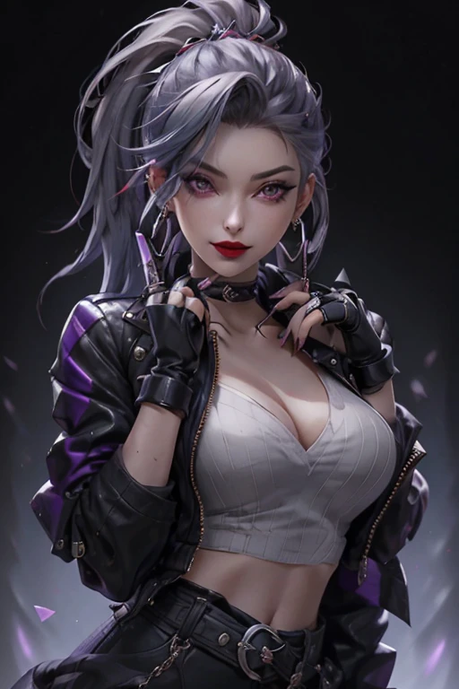 1 girl,read pigeon, smooth, black gloves, black choker, collarbone, earring, finger to mouth, fingerless gloves, gray hair, Index finger raised, jacket, decorations, red lips, lipstick, long hair, look at viewer, put on makeup, nail polish, Chapped lips, ponytail, Portrait, smile, purple eyes, purple nails, shut your mouth, alone,[[realistic]],(Shiny skin),(Masterpiece:1.4),(best quality:1.4),gigantic bust,red lips