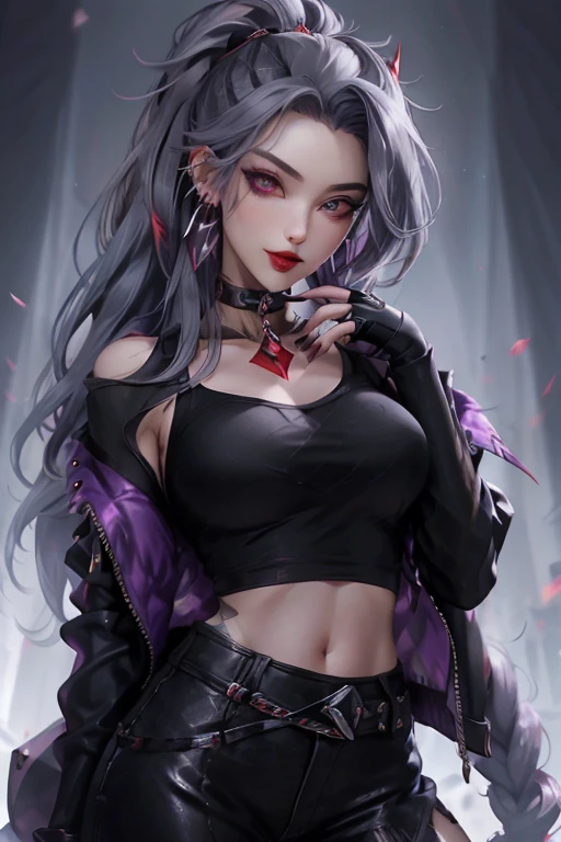 1 girl,read pigeon, smooth, black gloves, black choker, collarbone, earring, finger to mouth, fingerless gloves, gray hair, Index finger raised, jacket, decorations, red lips, lipstick, long hair, look at viewer, put on makeup, nail polish, Chapped lips, ponytail, Portrait, smile, purple eyes, purple nails, shut your mouth, alone,[[realistic]],(Shiny skin),(Masterpiece:1.4),(best quality:1.4),gigantic bust,red lips