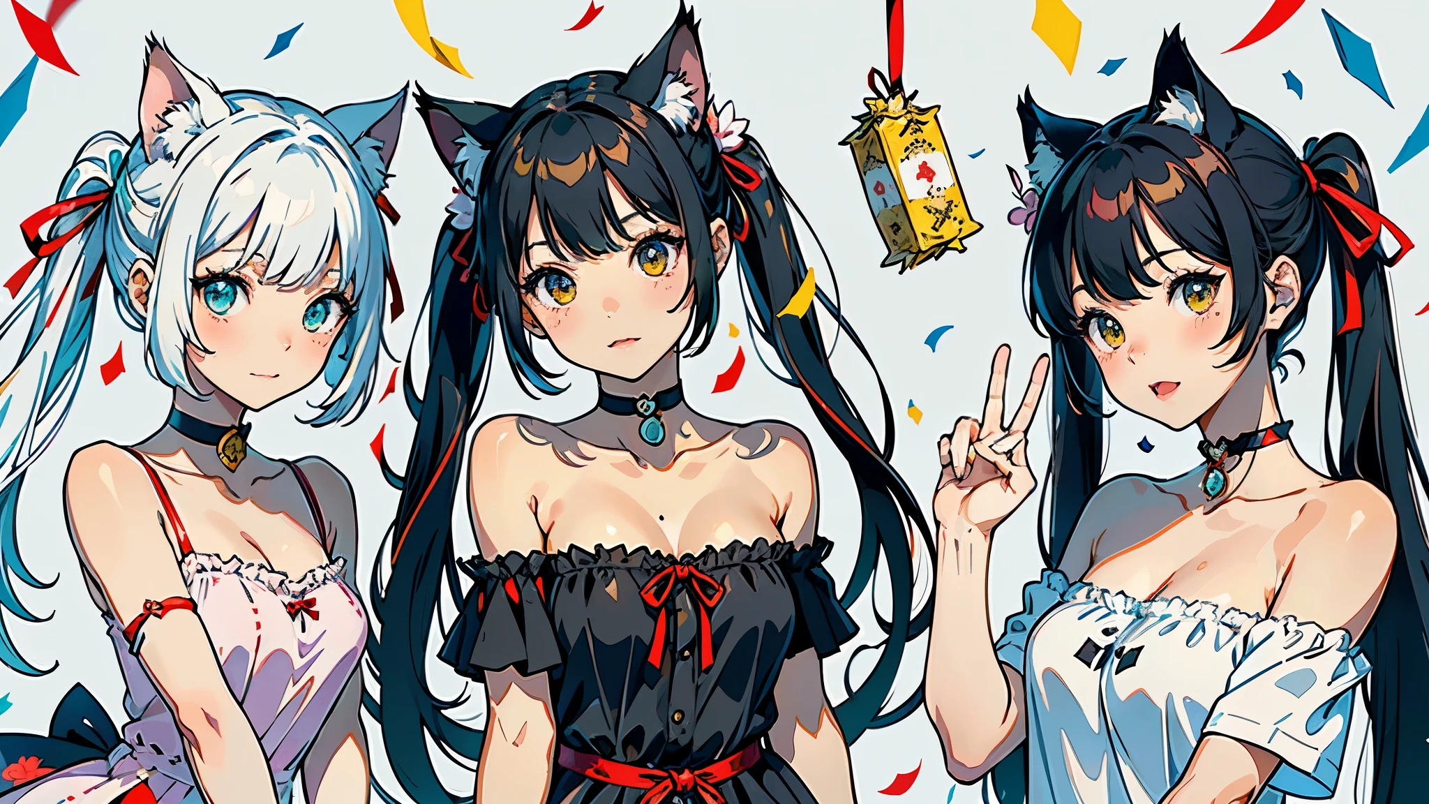 (highest quality, masterpiece, High resolution)、(anime art)、cinematic light、soft light、(two girls)、black hair、Black cat costume、White Cat Costume、Tabby cat costume、Striped cat costume、Persian Cat Costume、3-color cat costume、(loose t-shirt)、loose shirt、off shoulder、sexy mini dress、(Cat ear)、bob cut、semi-long、bun hair、hair ornaments、choker、Cute face details、enchanting smile、small breasts、whole body、(cat pose)、((sexy gesture))、beckoning、playing、dance、Cat jarashi、((confetti、ribbon、petal、candy、is dancing in the air、Crackers popping、))、((white background))、