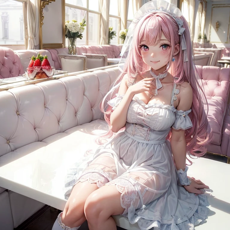 (8K, table top, highest quality, highest quality, official art, 息をのむbeautyとbeauty, very detailed, The best masterpiece in history that exceeds limits, 息を呑むようなbeautiful照明:1.2), (1 Absolute beautiful Girl, alone:1.5), 16 years old, (glossy white skin), break (pink princess hair, bangs:1.3), (adorable big pink eyes, drooling eyes:1.5), break (Breathtaking beautiful Sweet Lolita Idol Ensemble, Sweet lolita style pastel blue dress, Decorated with lace and ribbon details, swollen, A knee-length skirt that gives off a playful and girly look., Add a touch of ruffles with decorative ribbon and lace trim:1.3), (bust:1.3), (Smile, beautiful smile, gentle smile, cute笑顔, An innocent smile like an angel:1.2), (Charm, wonderful, beautiful, elegant, Gorgeous, grow, eye-catching, 究極のbeauty, Supreme beauty, 最上級のbeauty, elegant, beauty, elegant, I love you all, beauty that fascinates everyone, I was healed, 最高レベルの完成されたbeauty, cute like an idol, Stylish like a fashion model, grace like a goddess, Beloved, cute, adorable, look at the camera, cute pose, Happy), break (Strawberry parfait in a large glass, White luxury cafe, white table, white sofa:1.5),