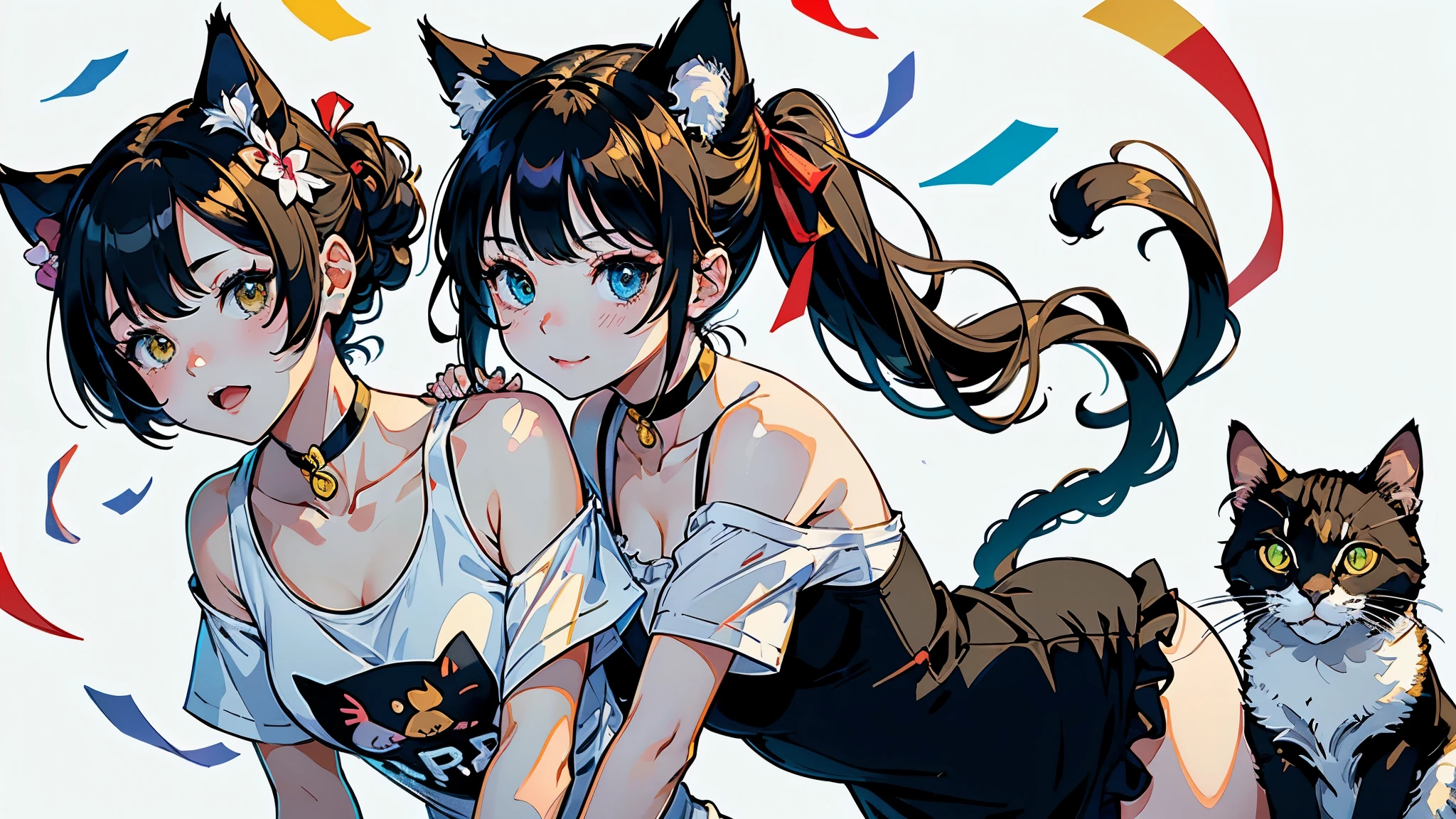 (highest quality, masterpiece, High resolution)、(anime art)、cinematic light、soft light、(two girls)、black hair、Black cat costume、White Cat Costume、Tabby cat costume、Striped cat costume、Persian Cat Costume、3-color cat costume、(loose t-shirt)、loose shirt、off shoulder、sexy mini dress、(Cat ear)、bob cut、semi-long、bun hair、hair ornaments、choker、Cute face details、enchanting smile、small breasts、whole body、(cat pose)、((sexy gesture))、beckoning、playing、dance、Cat jarashi、((confetti、ribbon、petal、candy、is dancing in the air、Crackers popping、))、((white background))、
