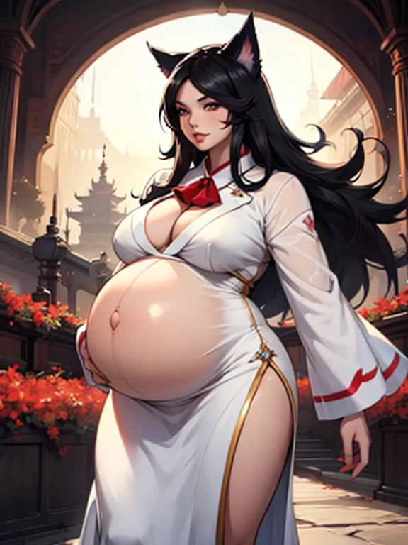 Ahri, big lips, formal dress, bbw, Big round pregnant belly, obese, long black hair, imperial palace