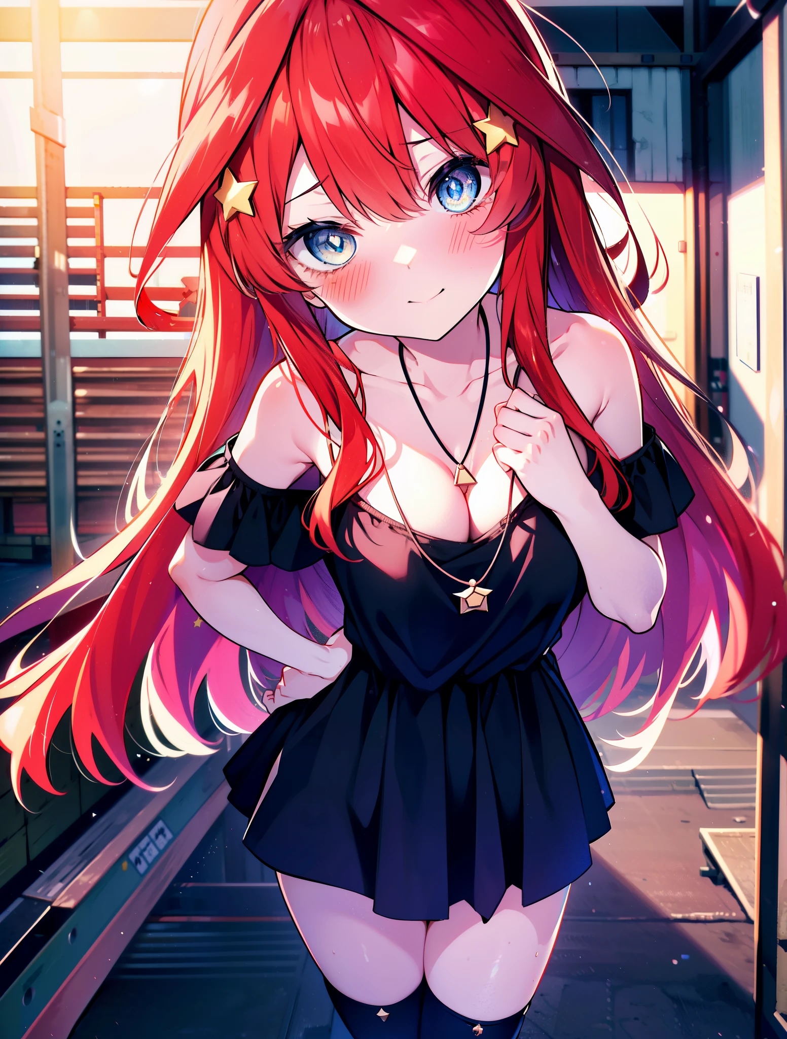 itsukinakano, itsuki nakano, bangs, blue eyes, hair between eyes, Ahoge, redhead, star \(symbol\happy smile, smile, Mouth wide open,embarrassing,blush, hair ornaments, star hair ornaments,Akagi glasses,red off shoulder sweater,bare shoulders,bare clavicle,naked neck,Heart Pendant Necklace,Black long skirt,Mini Boots,put your left hand on your waist,slouch,whole bodyがイラストに入るように,There are many shops,noon,Light of the sun,clear,Looking up from below,
break outdoors, station,square,
break looking at viewer,whole body (cowboy shot:1.5),
break (masterpiece:1.2), highest quality, High resolution, unity 8k wallpaper, (shape:0.8), (fine and beautiful eyes:1.6), highly detailed face, perfect lighting, Very detailed CG, (perfect hands, perfect anatomy),