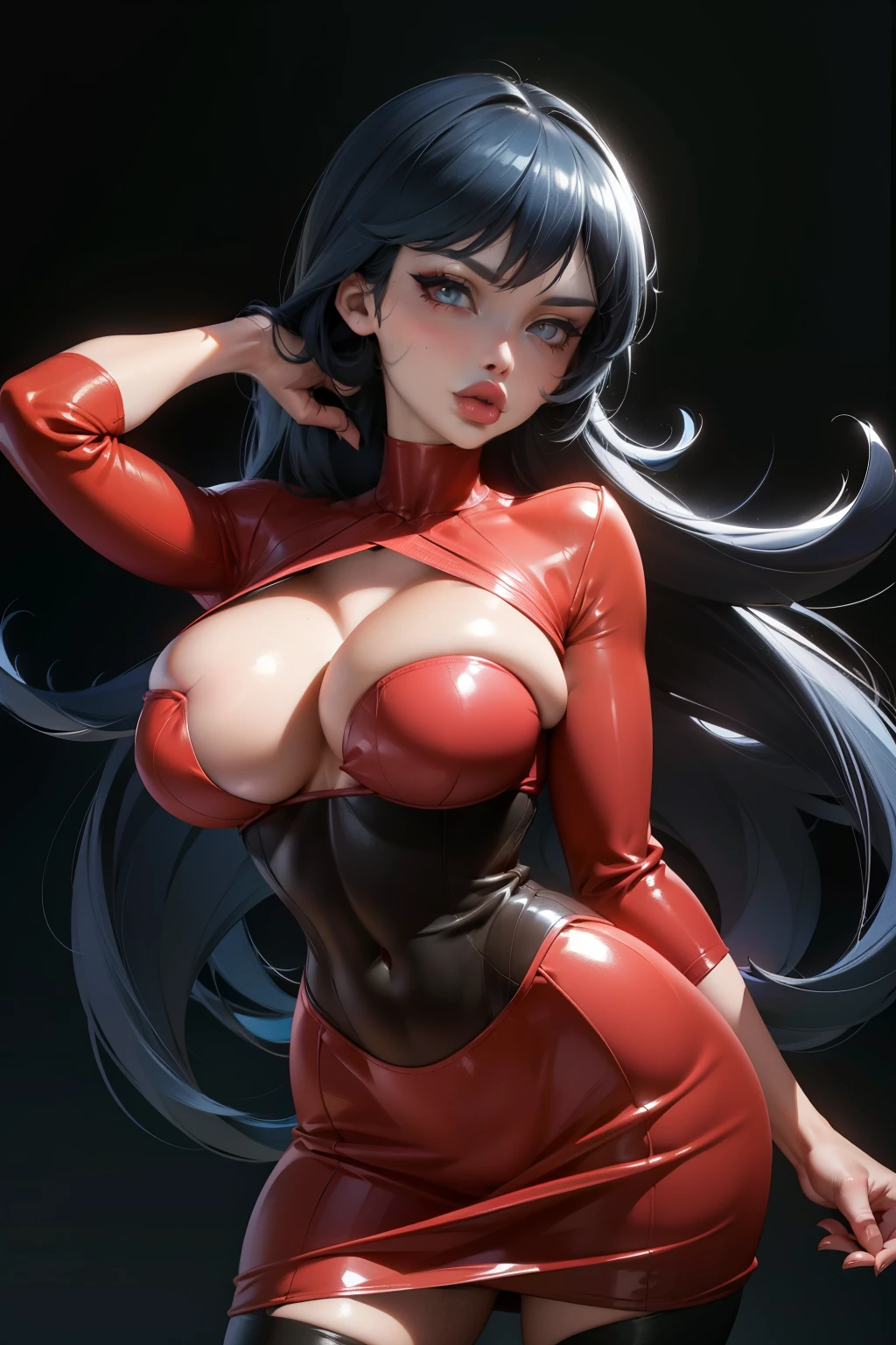Generate an illustration of a mature Sabrina, gym leader of pokemon, ((aletta ocean face)), de terno preto, Red long dress in anime format with a serious style, black corset, black boots, gothic make up, masterpiece, dark lighting, black background, puffy lips,slendered abs, beautiful face,