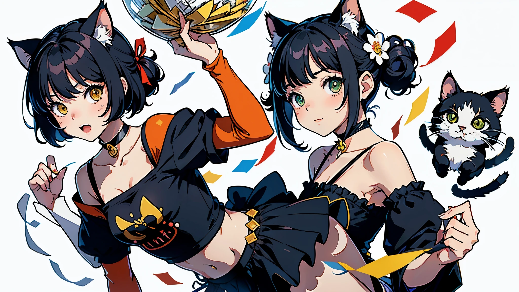 (highest quality, masterpiece, High resolution)、(anime art)、cinematic light、soft light、(two girls)、black hair、Black cat costume、White Cat Costume、Tabby cat costume、Striped cat costume、Persian Cat Costume、3-color cat costume、(loose t-shirt)、loose shirt、off shoulder、sexy mini dress、(Cat ear)、bob cut、semi-long、bun hair、hair ornaments、choker、Cute face details、enchanting smile、small breasts、whole body、(cat pose)、((sexy gesture))、beckoning、playing、dance、Cat jarashi、((confetti、ribbon、petal、candy、is dancing in the air、Crackers popping、))、((white background))、