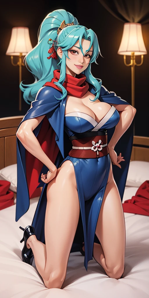 blush, smileglowing aura, natural light, masterpiece, glossy skin, juicy lips, ????, hot, cleavage, evil,juicy lips, bimbo, ((Tomoe)), hour glass body figure, hands on ????, blue hair, wide eyes, red eyes, red scarf, massive, ponytail, dark lighting, long hair, pink bow, platform shoes, bow in hair, light blue hair, juicy lips, blue tights, blackcape, (((Happy))), 2 long legs kneeling on bed