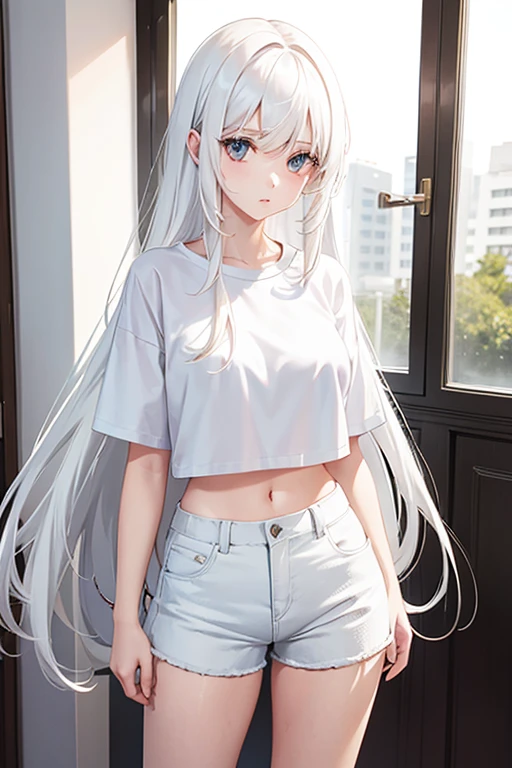 1 girl, white hair, long hair, white t-shirt, hot pants