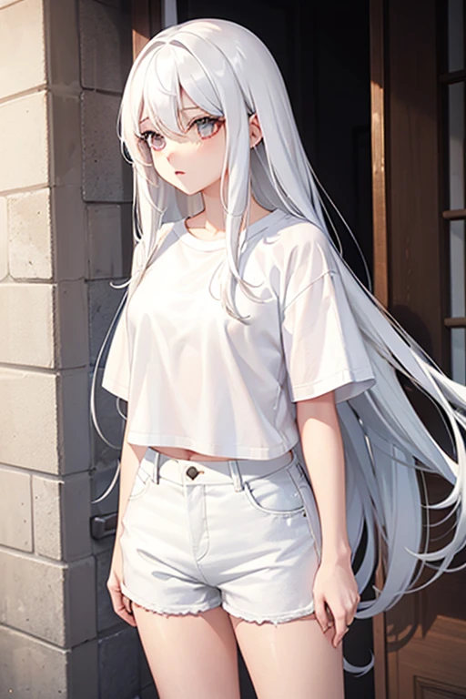 1 girl, white hair, long hair, white t-shirt, hot pants