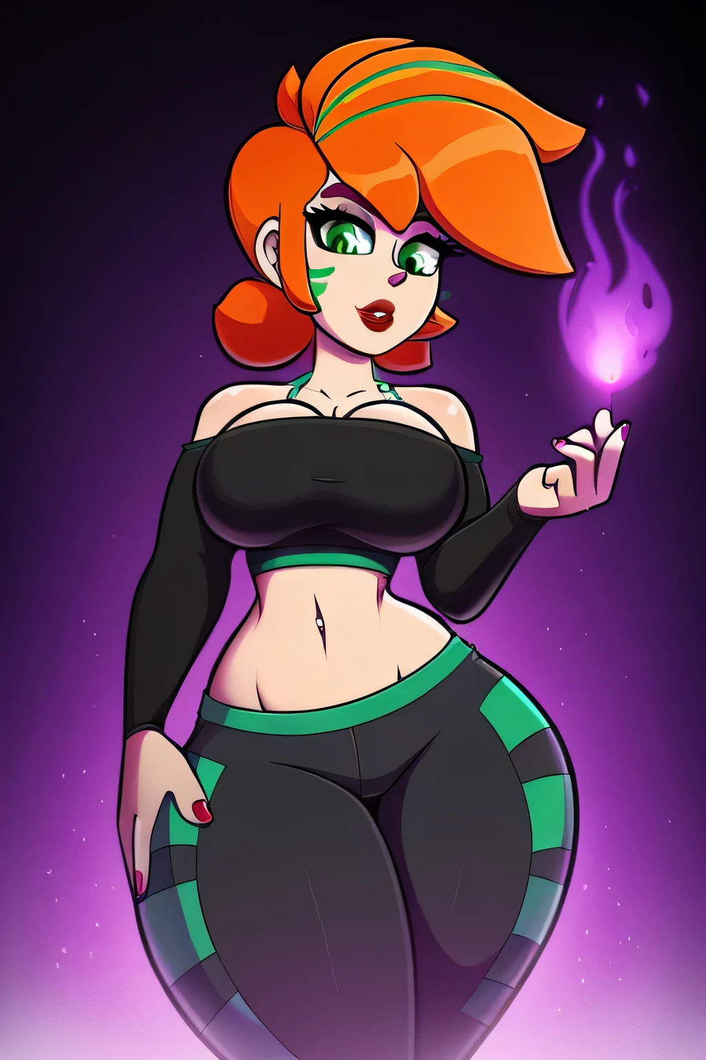 A tall attractive sexual girl with a big chest, orange hair, her green eyes, purple eyelashes, red lips, she dresses in a long-sleeved black top with green stripes, shows a curved navel, and her black pants, thin, wide, huge sexy thighs, and fire pants, a mark of achievement.