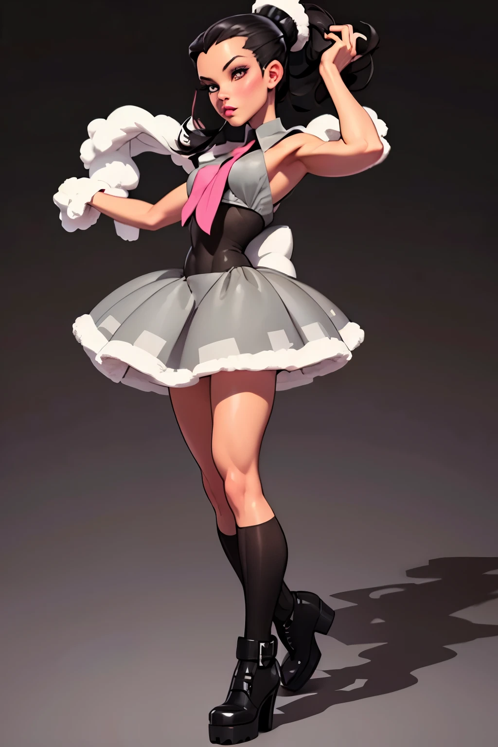 Masterpiece, Generate an illustration of a mature Roxanne, gym leader of pokemon , (lightgray dress), hd, holding a pokeball  all,  de terno preto, pink ascot,(( long black hair)), twin ponytail, shiny hair, (small breasts:1.2), outfit in anime format with a serious style, boots, make up, masterpiece, dark lighting, black background, ((puffy lips)),(slendered abs), beautiful face,