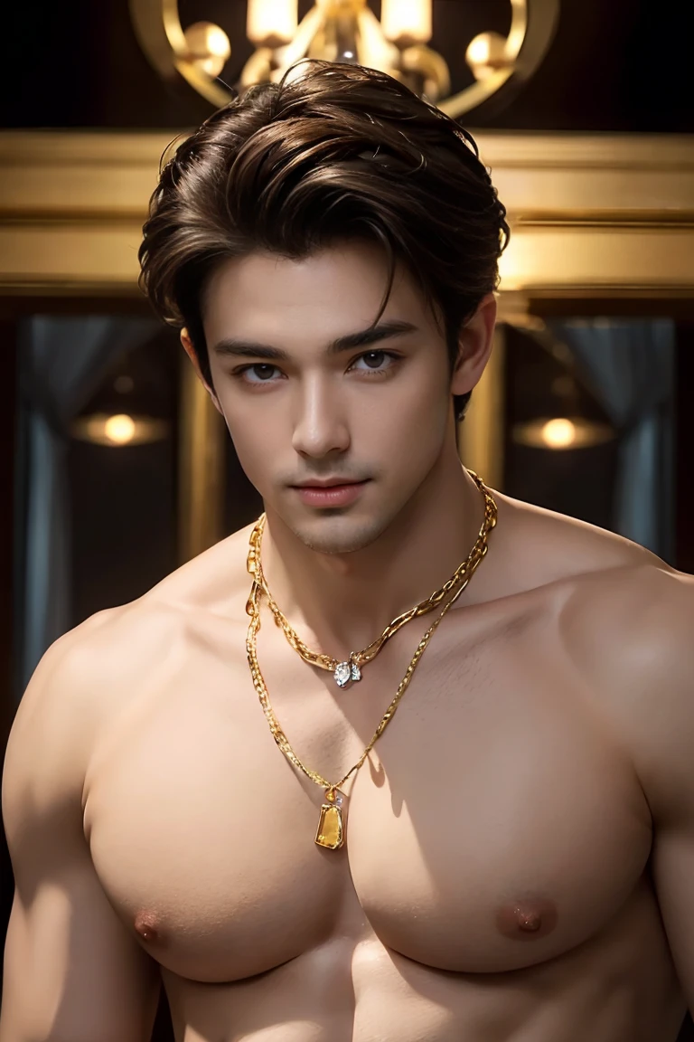 
(masterpiece, best quality:1.2), 1 person, Solo attractive man with heavenly eyes, delicate brown hair, magic , Seductive look, Mysterious smile, Very beautiful face , Detailed facial images, Big breasts with long nipples , Full and swollen chest muscles，naked ,handsome man! Diamonds in the ears. gold chains around their necks,Highest quality cute boy half-length photos!