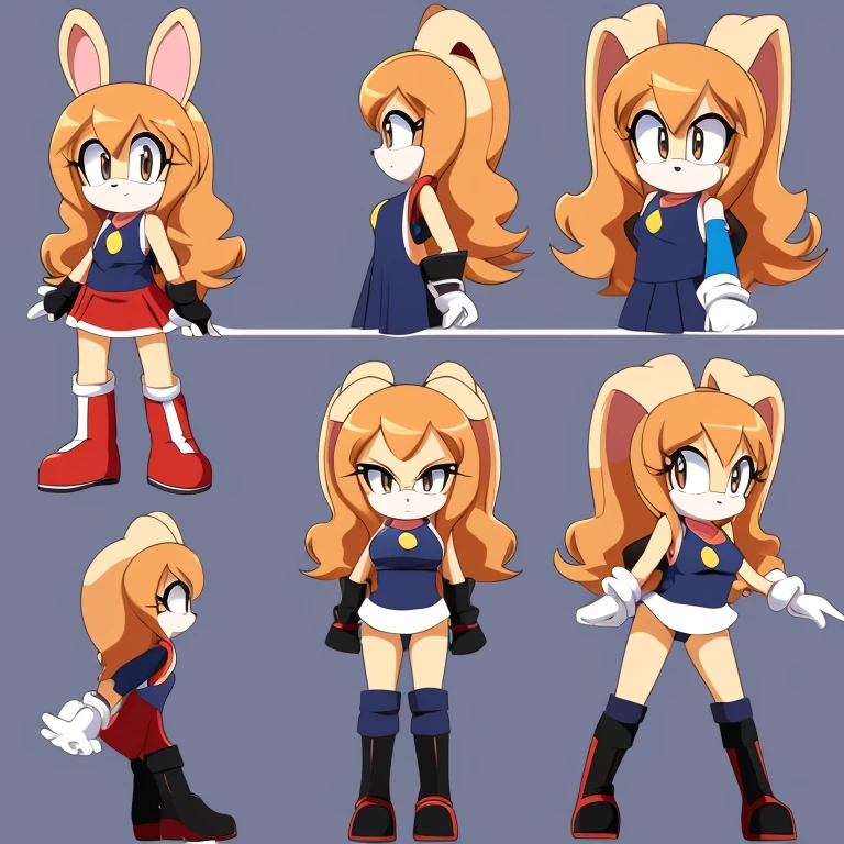 Female, Mobian, Rabbit, Cream the Rabbit, sonic the hedgehog \(series\), rabbit girl, ((solo)), ((1girl)), ((hairstyles, long wavy hair with curtain side bangs, similar to Maria)), brown eyes, (eyes open), serious, young adult, average sized breasts, hair on top of shoulders, long peach hair color that’s is wavy, wearing a blue anime styled scarf, wearing a red one piece, knee length tights, black boots, white gloves, (((2D Anime Style))), many poses in a fighting pose, side view