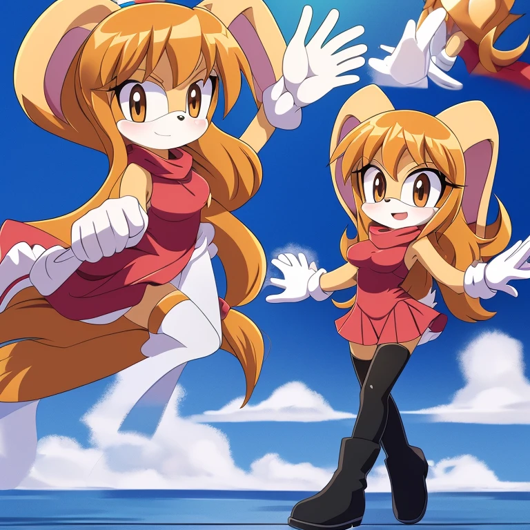 Female, Mobian, Rabbit, Cream the Rabbit, sonic the hedgehog \(series\), rabbit girl, ((solo)), ((1girl)), ((hairstyles, long wavy hair with curtain side bangs, similar to Maria)), brown eyes, (eyes open), serious, young adult, average sized breasts, hair on top of shoulders, long peach hair color that’s is wavy, wearing a blue anime styled scarf, wearing a red one piece, knee length tights, black boots, white gloves, (((2D Anime Style))), many poses in a fighting pose, side view 