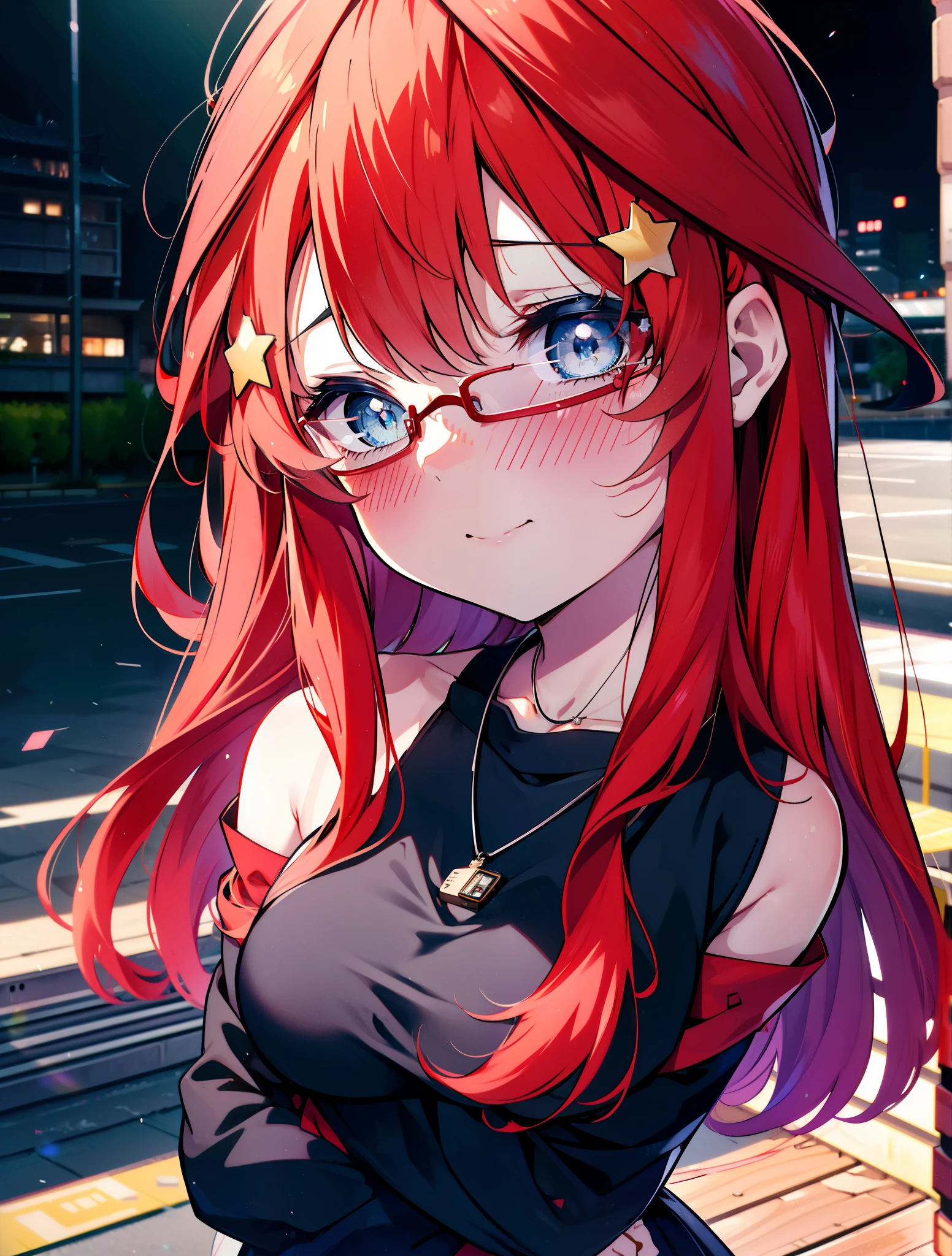 itsukinakano, itsuki nakano, bangs, blue eyes, hair between eyes, Ahoge, redhead, star \(symbol\happy smile, smile, Mouth wide open,embarrassing,blush, hair ornaments, star hair ornaments,Akagi glasses,red off shoulder sweater,bare shoulders,bare clavicle,naked neck,Heart Pendant Necklace,Black long skirt,Mini Boots,put your left hand on your waist,slouch,whole bodyがイラストに入るように,There are many shops,noon,Light of the sun,clear,Looking up from below,
break outdoors, station,square,
break looking at viewer,whole body (cowboy shot:1.5),
break (masterpiece:1.2), highest quality, High resolution, unity 8k wallpaper, (shape:0.8), (fine and beautiful eyes:1.6), highly detailed face, perfect lighting, Very detailed CG, (perfect hands, perfect anatomy),