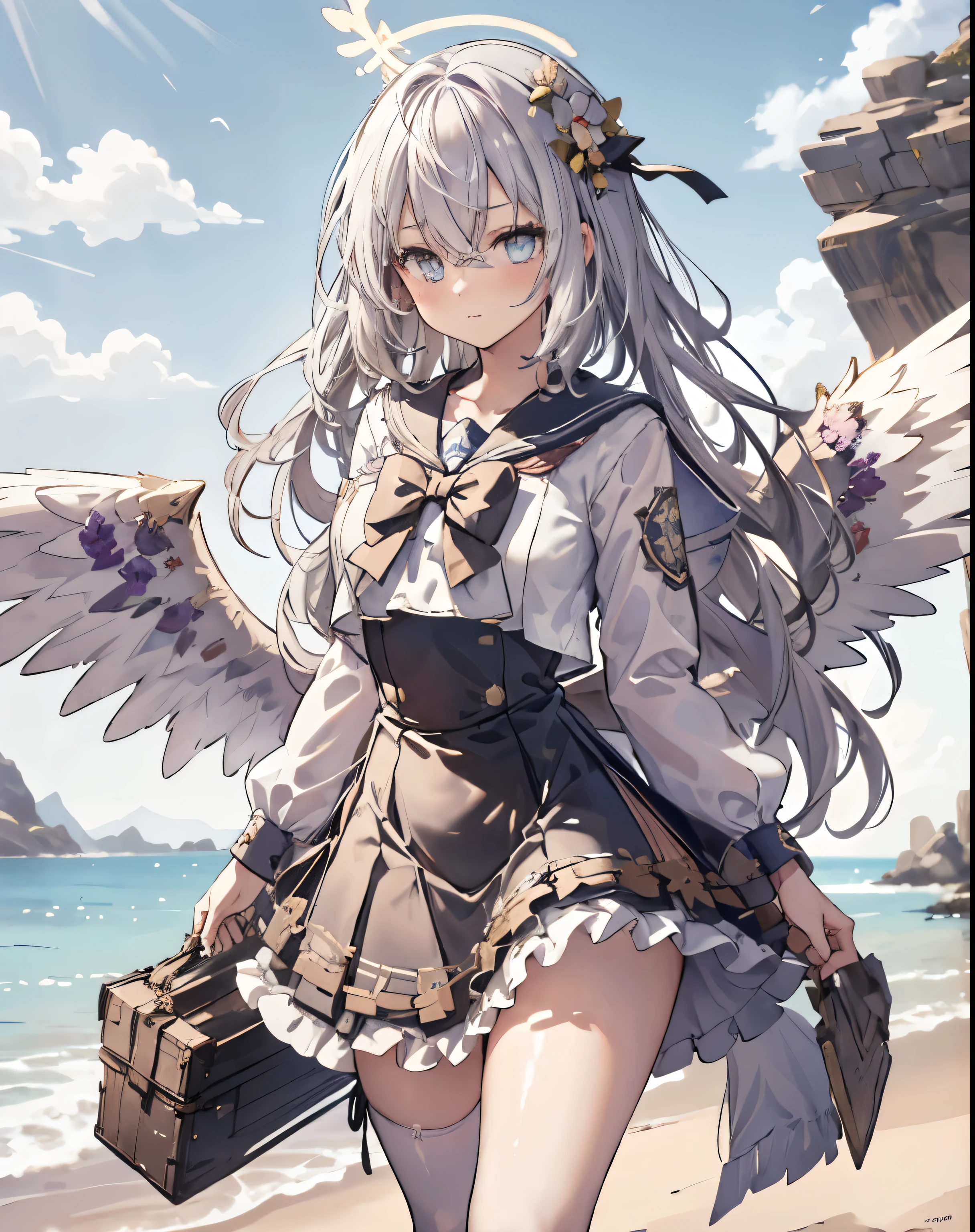masterpiece, 1girl, sparrow, a silver haired girl, wearing a sailor clothes, curly long hair, messy hair, slim body, he close her left eye, shirt ornament, aqua eyes, ahoge, , huge breast, beautiful breasts, rounded breasts, long sleeves, beautiful eyes, white stocking, droopy eyes, skirt, black skirt, plaid skirt, her age is 19 years old, beach, bowtie, sailor collar, flared skirt, tight shirt, skirt, azusadress, wings