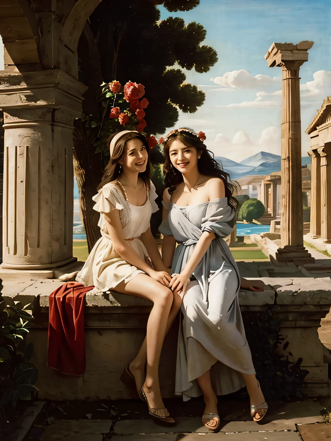 full body portrait or statue、Giorgione painting style,Arguments of two female Philosophe,math、astronomical machine、astronaut、roses in vase、fruits、Cute trinkets、smile、ancient greek costume、Ancient Roman landscape in the style of Nicolas Poussin,laughter,,Sweet and seductive appearance.、Caravaggio's paintings、Chiaroscuro of Caravaggio、hair tousled by the wind,Two women frolicking,cute smile, expression of ,Sexy,erc