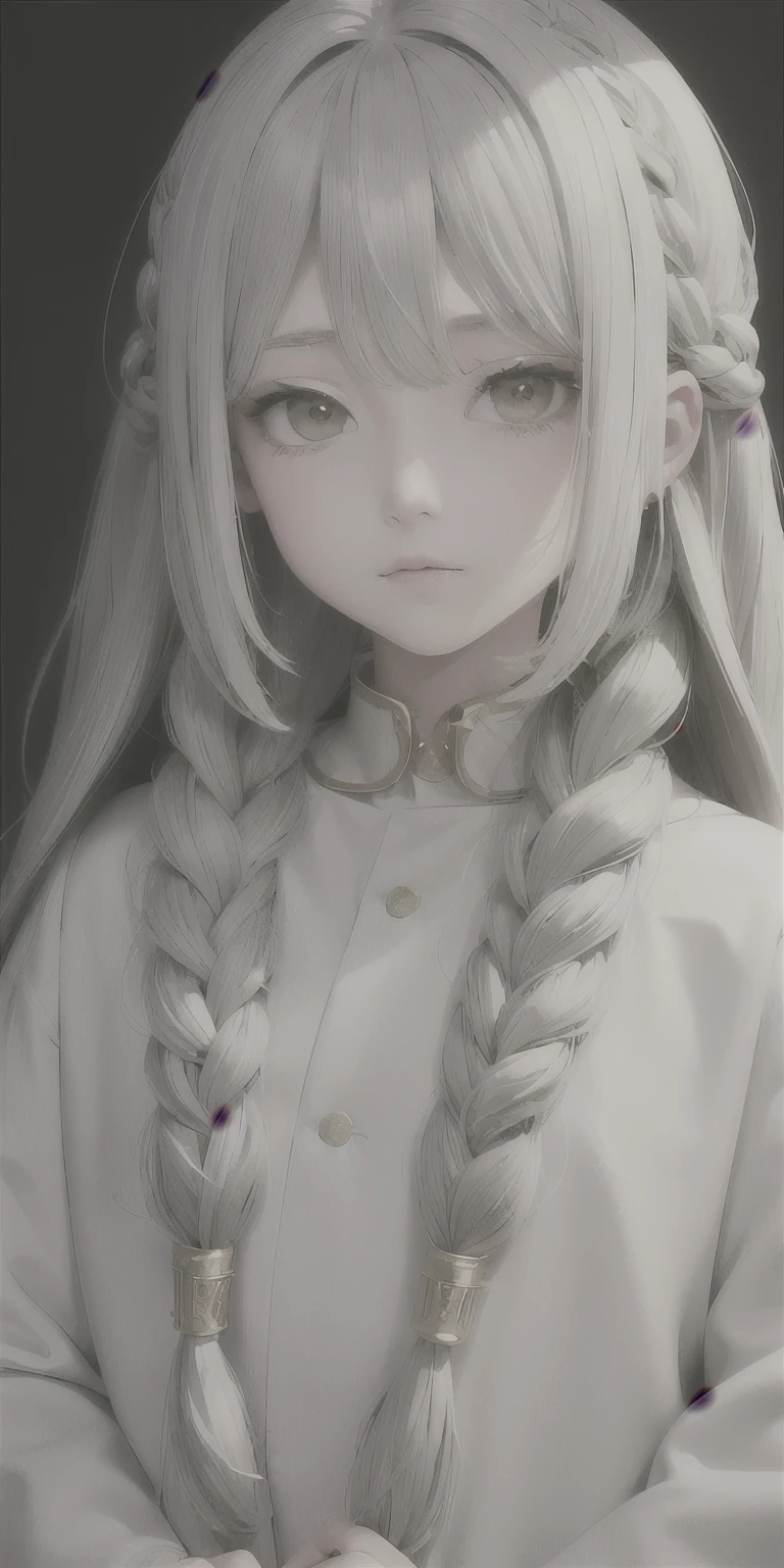 highest quality, masterpiece,gray hair, gold eyes,white clothes, look up, Upper body,hair bundle,Fair skin,side braids