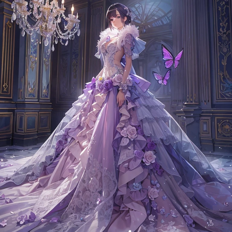 New Purple Crystal Wedding Dresses、Filled with layered tulle, European style white patterned marble background wall, Fairytale palace style, and oversized skirts. The neckline and cuffs are decorated with openwork lace elements and jewelry, And the skirt is covered with luxurious flowers and butterflies. imagination, 超realistic, hard disk, Super detailed, realistic, high pixel, Octane Regeneration, cinematic lighting