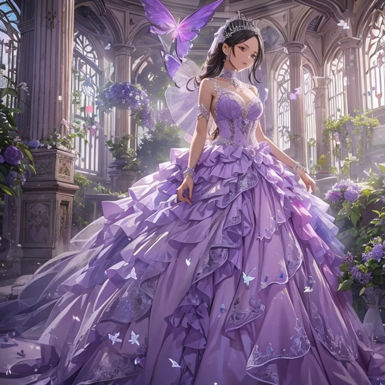 New Purple Crystal Wedding Dresses、Filled with layered tulle, European style white patterned marble background wall, Fairytale palace style, and oversized skirts. The neckline and cuffs are decorated with openwork lace elements and jewelry, And the skirt is covered with luxurious flowers and butterflies. imagination, 超realistic, hard disk, Super detailed, realistic, high pixel, Octane Regeneration, cinematic lighting