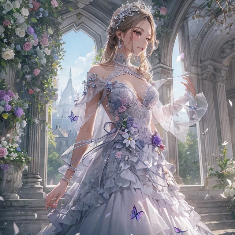 New Purple Crystal Wedding Dresses、Filled with layered tulle, European style white patterned marble background wall, Fairytale palace style, and oversized skirts. The neckline and cuffs are decorated with openwork lace elements and jewelry, And the skirt is covered with luxurious flowers and butterflies. imagination, 超realistic, hard disk, Super detailed, realistic, high pixel, Octane Regeneration, cinematic lighting