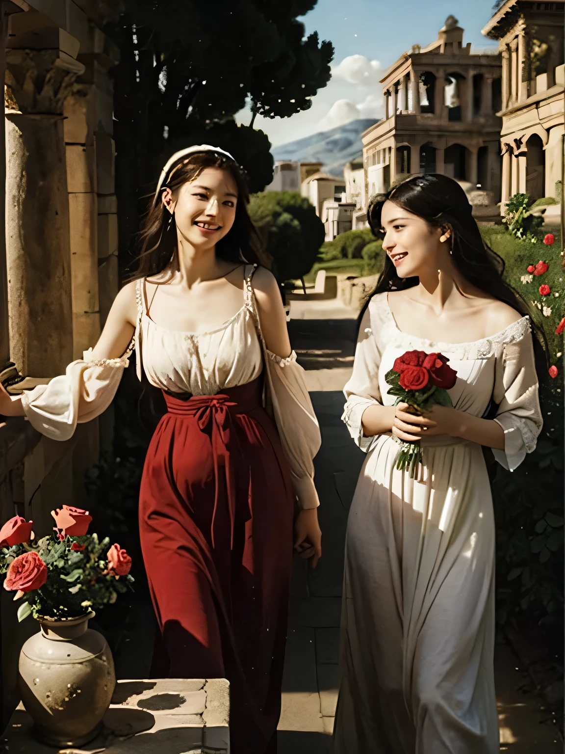 full body portrait or statue、Giorgione painting style,Arguments of two female Philosophe,math、astronomical machine、astronaut、roses in vase、fruits、Cute trinkets、smile、ancient greek costume、Ancient Roman landscape in the style of Nicolas Poussin,laughter,,Sweet and seductive appearance.、Caravaggio's paintings、Chiaroscuro of Caravaggio、hair tousled by the wind,Two women frolicking,cute smile, expression of ecstasy,Sexy,erotic