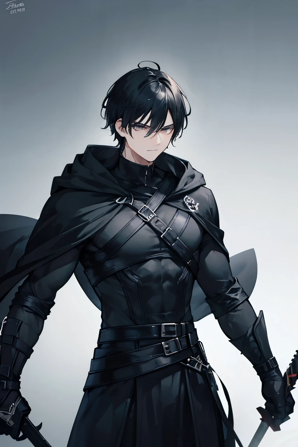 a guy with short, black hair and wears all black. He wears a black compression shirt and a black cloak and he is muscular. his face is very masculine and he has a solemn expression. he holds a sword and gun.