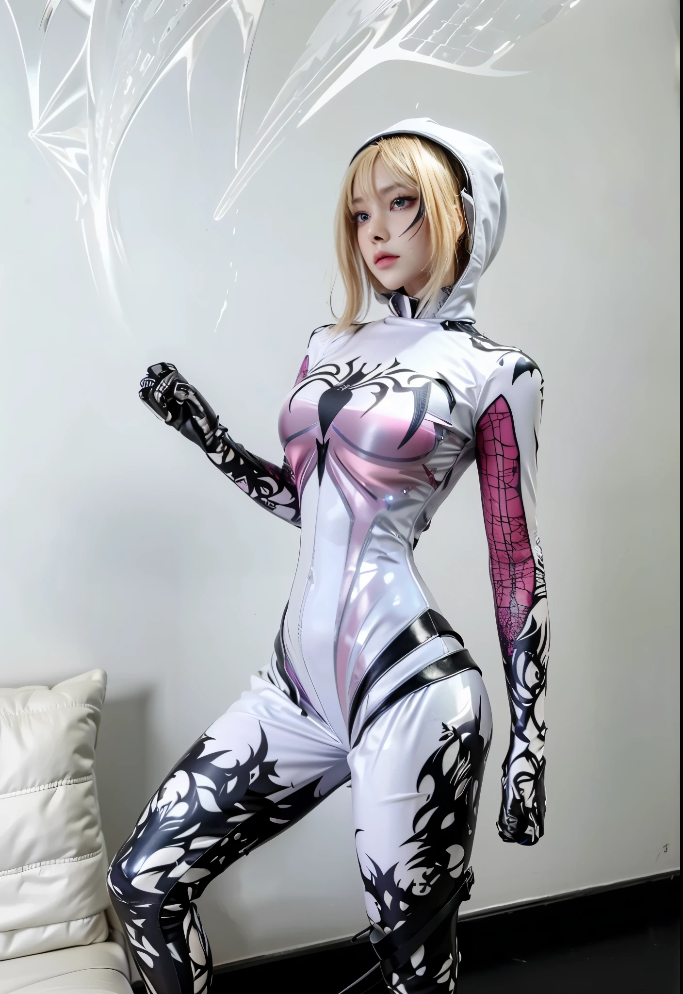 Game art，Best image quality，Highest resolution，8K，(A half-length photo)，(portrait)，(Head close-up)，(rule of thirds)，Unreal Engine 5 rendering works，20 year old girl，((Queen))，Eyes are very detailed，(big breasts)，Elegant and noble，cinema lights，Ray tracing，Game CG，((3D Unreal Engine))，OC rendering reflection pattern，4K，Ultra-clear，translucent lace，Fair and plump figure，pretty face，gloss gel coat，身着华贵礼服的Queen，Necklace jewelry，dark blue pupils(Like the eyes of the starry sky)，Full body tattoos，The tattoo is very beautiful，纹身Queen，Wear black leather gloves，clenched fist