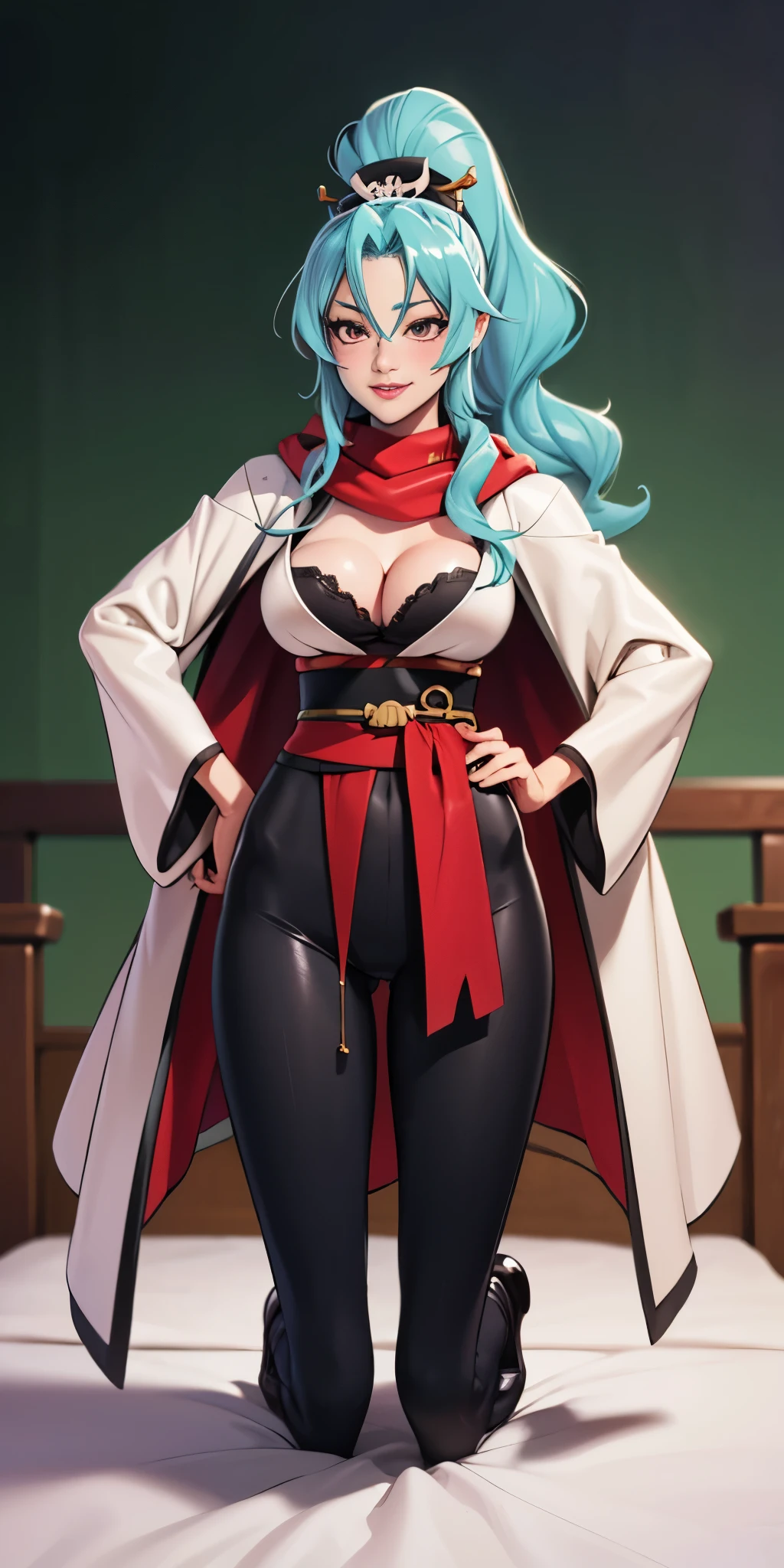 blush, smileglowing aura, natural light, masterpiece, glossy skin, juicy lips, sexy, hot, cleavage, evil,juicy lips, bimbo, ((Tomoe)), hour glass body figure, hands on hips, blue hair, wide eyes, red eyes, red scarf, massive, ponytail, dark lighting, long hair, pink bow, platform shoes, bow in hair, light blue hair, juicy lips, blue tights, blackcape, (((Happy))), 2 long legs kneeling on bed