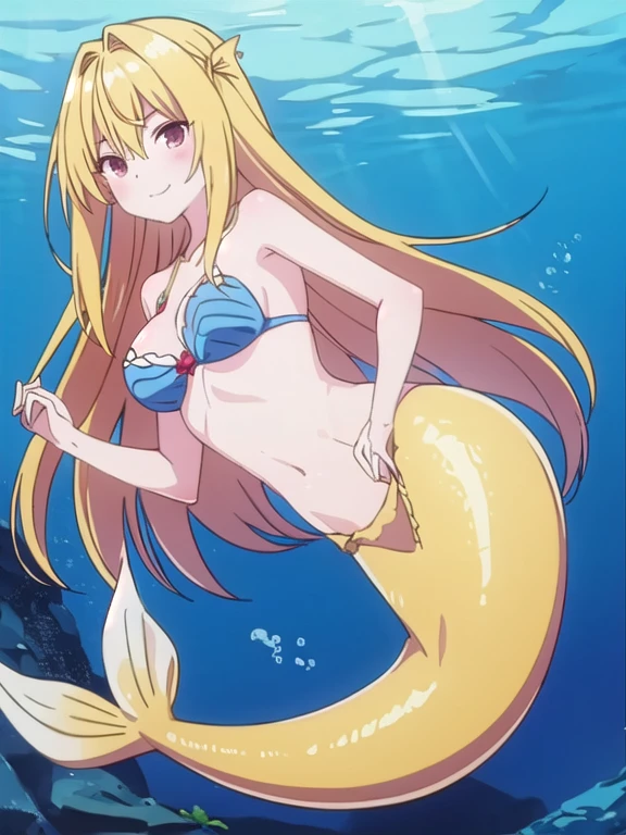 underwater, sea, mermaid, yellow mermaid, long mermaid tail below waistline, long hair, blonde hair, red eyes, happy, blush, large breasts, bra, 