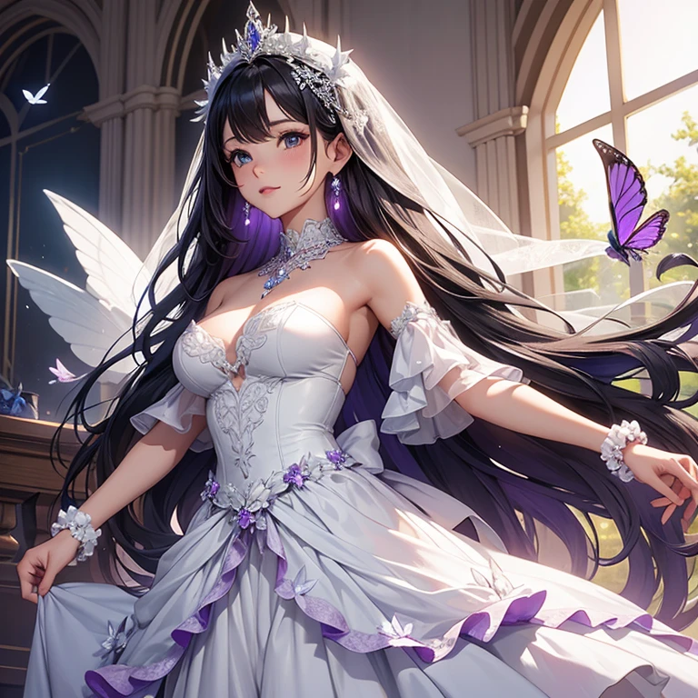 New Purple Crystal Wedding Dresses、Filled with layered tulle, European style white patterned marble background wall, Fairytale palace style, and oversized skirts. The neckline and cuffs are decorated with openwork lace elements and jewelry, And the skirt is covered with luxurious flowers and butterflies. imagination, 超realistic, hard disk, Super detailed, realistic, high pixel, Octane Regeneration, cinematic lighting