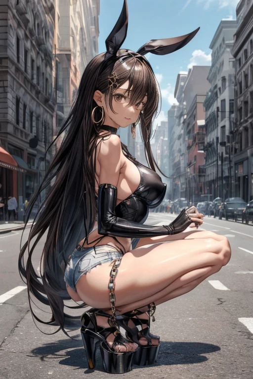 Masterpiece, best quality,1 girl,young girl,brown eyes,long hair,Mezukaki smiled.,Shiny skin,(The legs are long.:1.3),thick thighs, Thin waist, huge breasts
Take a break
, black_body suit, high waist_shorts, Platform_sandals, chain_choker_necklace, Put on a loop_earring,
Take a break
, department_collect,,crowd,depth of field,look at viewer,squatting,from the side,upper body,uptrend