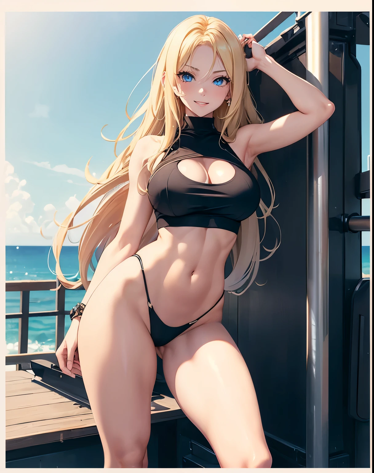 1girl, (Blue eyes), (smiling :1.2), (Sana Minatozaki), (((very wide hips))), Big tits, big ass, ((very thin waist: 1.2)), ((ultra detailed and toned legs :1.1)), (((very thick and toned thighs :1.1))), (Best Quality, 8k, Masterpiece: 1.3), Clear Focus: 1.2, Perfect Body Beauty: 1.4, Highly detailed face and skin texture, detailed eyes, double eyelids, (blonde long hair :1.2), (black tanktop), (black thong), standing, dynamic pose, on a boat, beach in the background