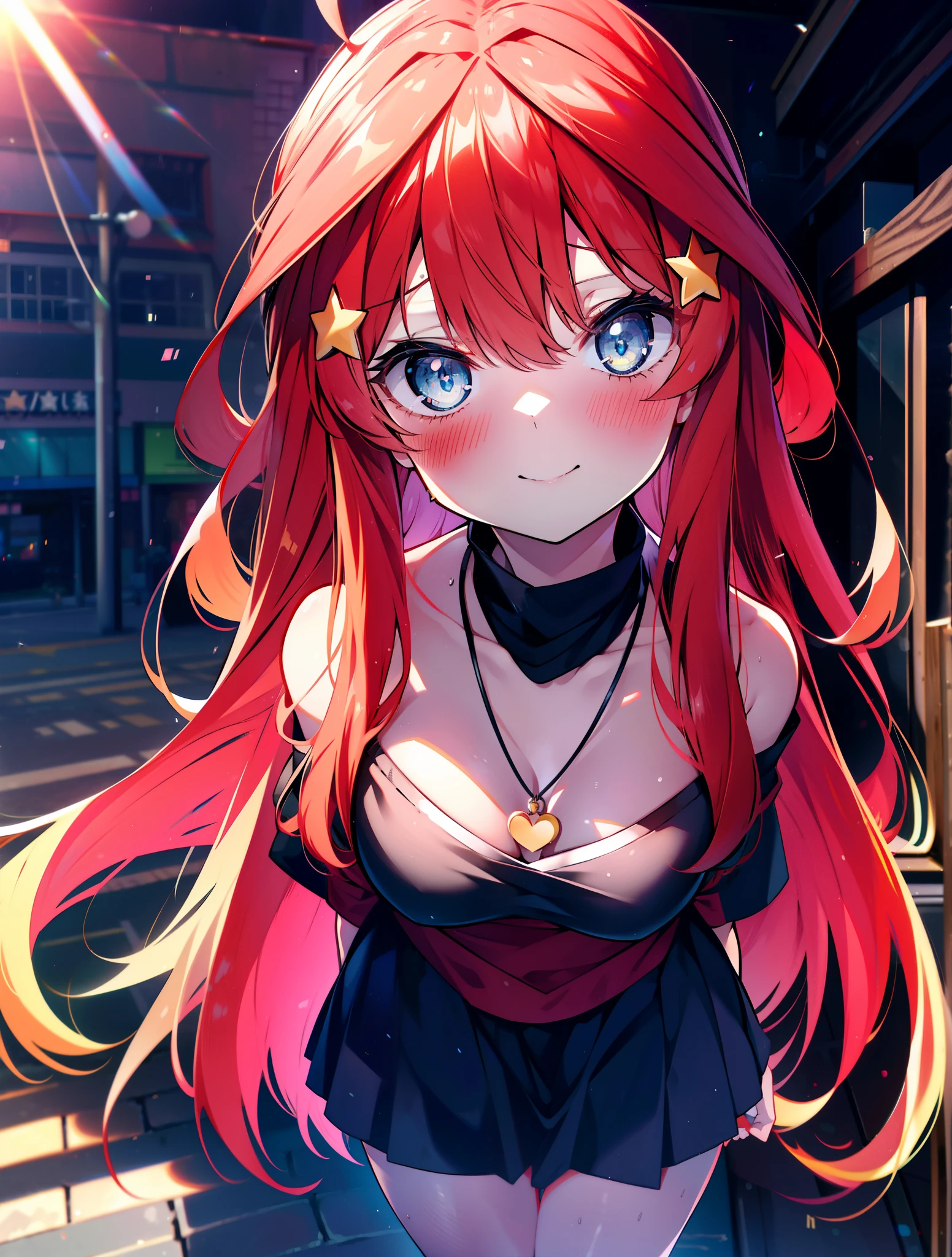 itsukinakano, itsuki nakano, bangs, blue eyes, hair between eyes, Ahoge, redhead, star \(symbol\happy smile, smile, Mouth wide open,embarrassing,blush, hair ornaments, star hair ornaments,Akagi glasses,red off shoulder sweater,bare shoulders,bare clavicle,naked neck,Heart Pendant Necklace,Black long skirt,Mini Boots,put your left hand on your waist,slouch,whole bodyがイラストに入るように,There are many shops,noon,Light of the sun,clear,Looking up from below,
break outdoors, station,square,
break looking at viewer,whole body (cowboy shot:1.5),
break (masterpiece:1.2), highest quality, High resolution, unity 8k wallpaper, (shape:0.8), (fine and beautiful eyes:1.6), highly detailed face, perfect lighting, Very detailed CG, (perfect hands, perfect anatomy),