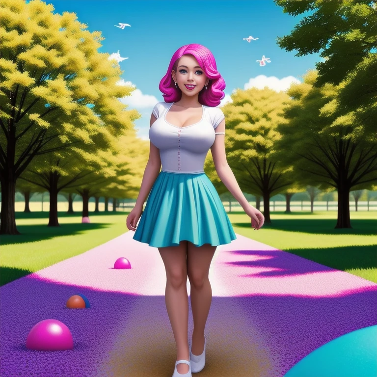 In the whimsical land of Candyland, situated under a canopy of daylight and a brilliant blue sky, delightful structures of confectionery brilliance stood tall. The air was filled with the sweet scent of sugar, as clouds of cotton candy dotted the sky. Trees of lollipops swayed gently in the breeze, while rivers of chocolate meandered through the landscape. The sunlight bathed the land in a warm glow, casting long, playful shadows that danced upon the ground. Birds with gumdrop feathers fluttered among the clouds, singing melodies that echoed through the land. The sky was a beautiful canvas of blue, speckled with fluffy, white clouds, beautiful busty mature women, covered gigantic breasts, microskirt, full body shot