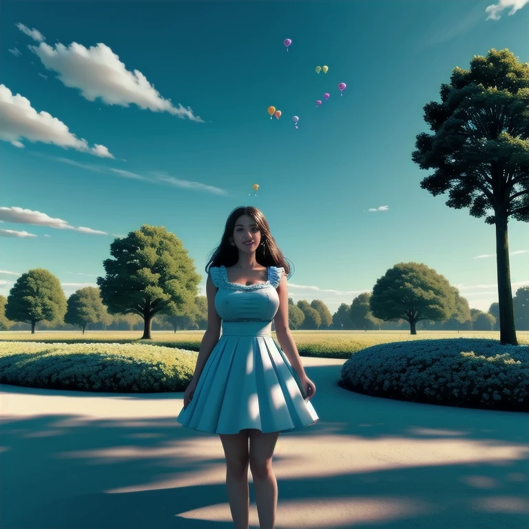 In the whimsical land of Candyland, situated under a canopy of daylight and a brilliant blue sky, delightful structures of confectionery brilliance stood tall. The air was filled with the sweet scent of sugar, as clouds of cotton candy dotted the sky. Trees of lollipops swayed gently in the breeze, while rivers of chocolate meandered through the landscape. The sunlight bathed the land in a warm glow, casting long, playful shadows that danced upon the ground. Birds with gumdrop feathers fluttered among the clouds, singing melodies that echoed through the land. The sky was a beautiful canvas of blue, speckled with fluffy, white clouds, beautiful busty mature women, covered gigantic breasts, microskirt, full body shot