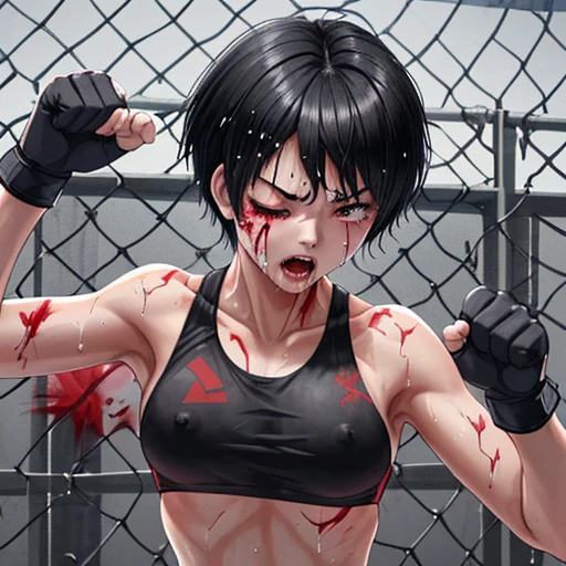 Beautiful female high school mixed martial artist covered in blood。Suffering as he is pressed against the wire mesh。Mouth open and dripping blood。With one eye closed, it seems painful。Fighting inside the Octagon。I&#39;m soaked in sweat。open finger gloves。sports bra。bikini。erect nipples。black hair short cut。