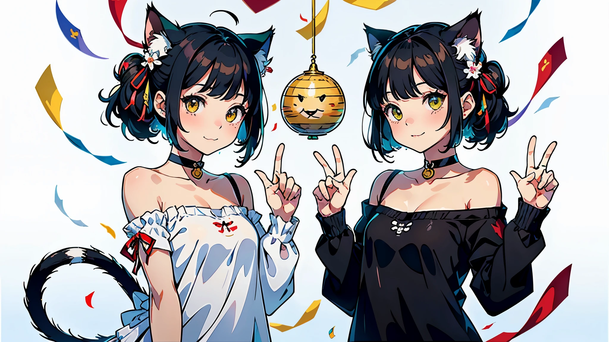(highest quality, masterpiece, High resolution)、(anime art)、cinematic light、soft light、(two girls)、black hair、Black cat costume、White Cat Costume、Tabby cat costume、Striped cat costume、Persian Cat Costume、3-color cat costume、(loose t-shirt)、loose shirt、off shoulder、sexy mini dress、(Cat ear)、bob cut、semi-long、bun hair、hair ornaments、choker、Cute face details、enchanting smile、small breasts、whole body、(cat pose)、((sexy gesture))、beckoning、playing、dance、Cat jarashi、((confetti、ribbon、petal、candy、is dancing in the air、Crackers popping、))、((white background))、