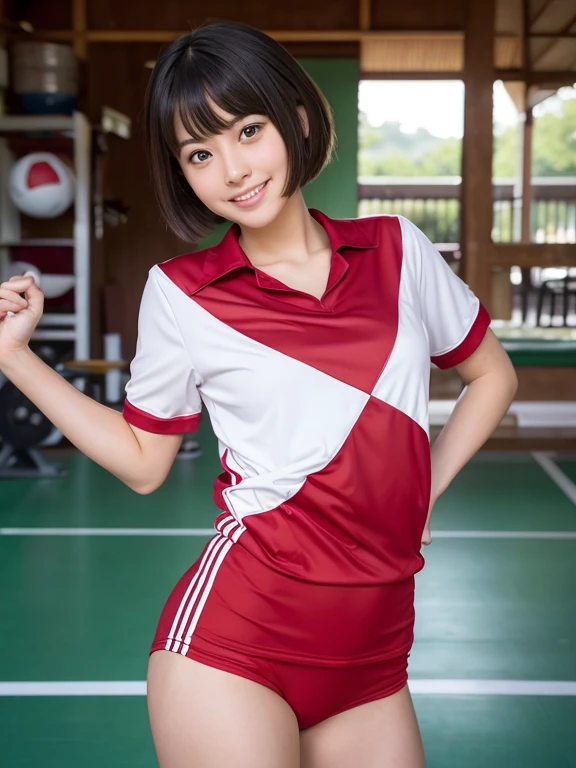 (8K、Raw photography、highest quality、masterpiece:1.2),(black haired、very short hair:1.9),show viewer,Looking at the front,erotic,白いskin,(wearing a red table tennis uniform:1.5)、(Clothing that emphasizes the shape of your chest、publish one'skin:1.7)、(big :1.5)、slim body shape、ultra high resolution,beautiful,beautiful fece,(alone, alone、no background:1.9),whole bodyボディー,japanese woman,(Photoreal:1.37)、photon mapping,reality、(Cute with a : 1.0)、(cute smile: 1.7)、(With a round face: 1.8)、radio city、Physically based rendering、depth of field rally background、photograph, (I can see your knees,close up of thighs、plaid skirt too short、Show white panties:1.4),whole body、super fine