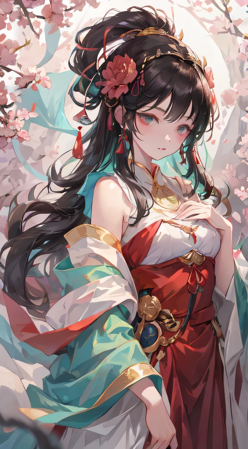 beautiful chinese girl, Aloof character, Rose red dress, huge plum blossom, standing under the tree, Sunlight, Clear face, masterpiece, super detailed, epic work, high quality, best quality, 16K